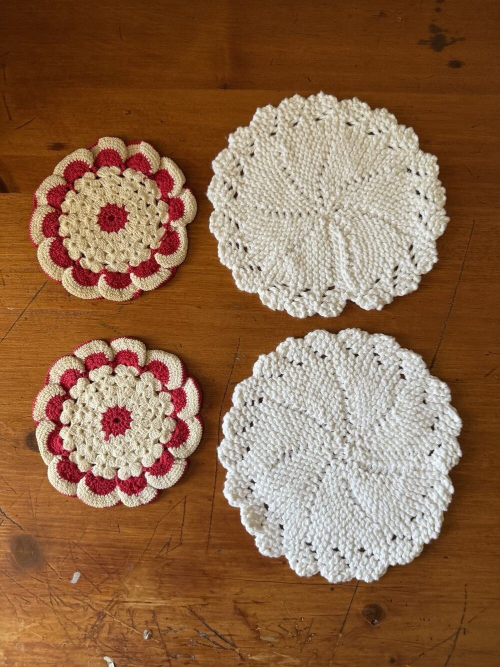 Vintage Crochet Pot Holder Bundle Set 4 Handmade Kitchen Decor White Red Cream